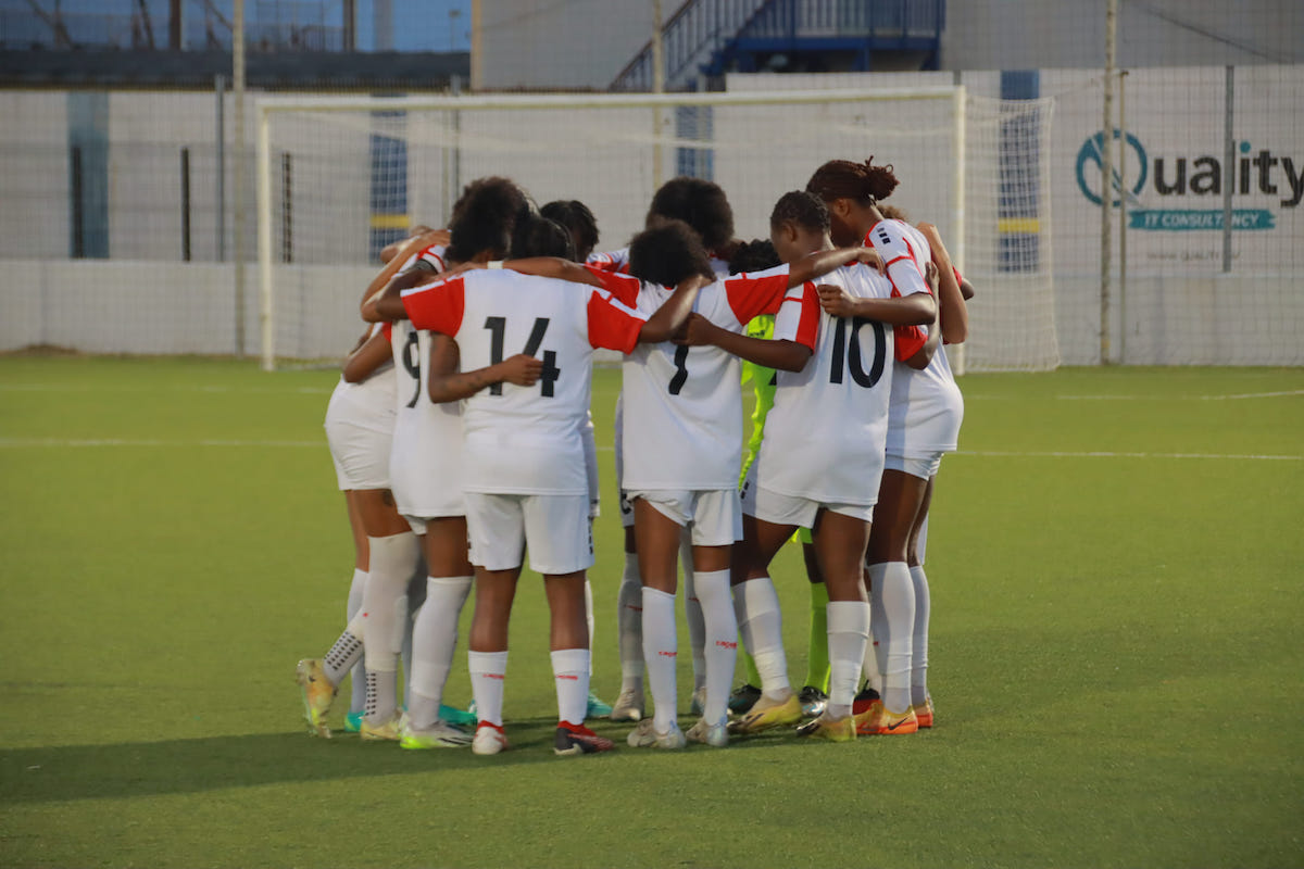 Trinidad and Tobago Women huddle before facing Aruba in a match at Stadion Rignaal 'Jean' Francisca, Willemstad, Curaçao on Wednesday, May 29th 2024.